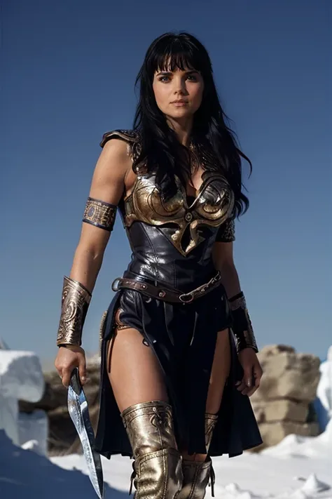 incredibly beautiful seductive captivating woman, xena, the warrior princess, walking through a cold, desolate landscape with de...