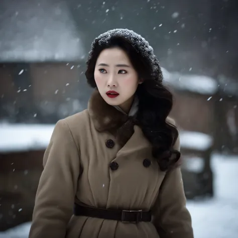 a beautiful young chinese woman in manchukuo, 1941, not wearing coat but wearing dress without coat, her hair was frozen, her body was frozen, frozen in thick rigid ice in a human exprimentenation prison room with lock door, lying down shivering in fear, t...