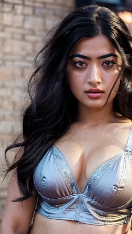  Above half body closeup photo of Rashmika mandanna in lingerie, ((free shaggy hair)), ((tall body)),(( looking at viewer)),((big cheeks)),30 year old woman,1woman,solo,breasts,(fleshy face),long hair,cleavage,black hair,navel,midriff,lingerie, bedroom ,
b...