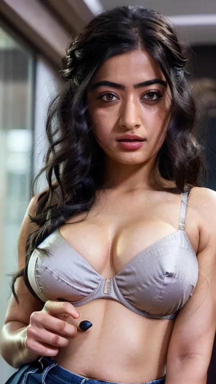  Above half body closeup photo of Rashmika mandanna in bra, ((free messy hair)), ((tall body)),(( looking at viewer)),((big cheeks)),30 year old woman,1woman,solo,breasts,(fleshy face),long hair,cleavage,black hair,navel,midriff, bedroom ,
best quality,mas...