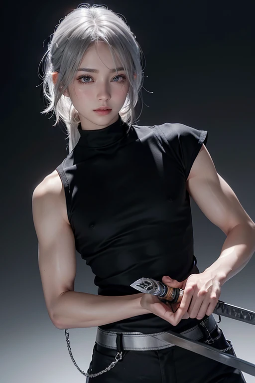 high quality, High detail, beautiful, beautiful face, White skin, Sleepy eyes, Iris, Calm face, Black eye patch on left eye, Medium length silver hair, slim, An athletic body, Black shirt with cut off sleeves、Black pants, Three swords at his waist, Holding...