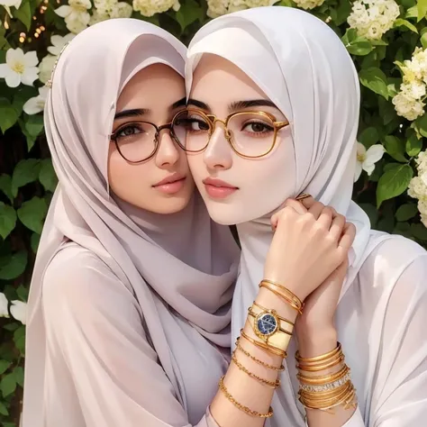 A beautiful high school glasses Arabian 17 years old girl model, white skin, sharp nose, thin lips, circle face, tight bra, wearing hijab, golden indian bangle and bracelet, golden necklace, golden swiss polo watch, kissing a man, squinting eyes, detailed ...