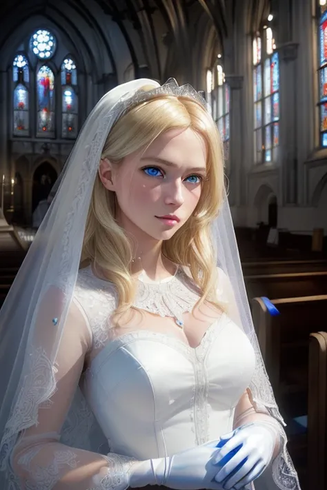 (((medium full shot))), (photorealistic, photorealism, best quality, ultra-detailed:1.3), (nice hands, perfect hands), official art, cinematic light, (1girl:1.3), adult, (blonde hair:1.1), (blue eyes), (European:1.2), bride, wedding dress, church, stained ...