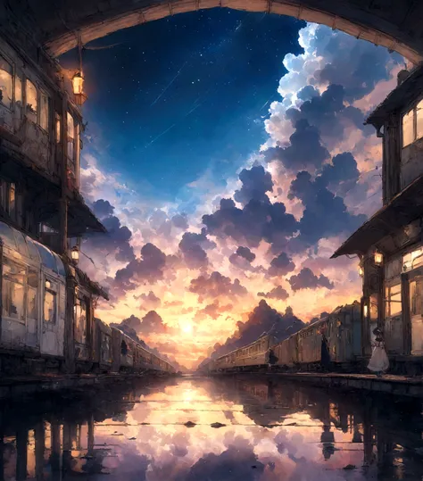 High quality masterpieces, landscapes, clouds, anime train passing water bodies on railway tracks in the distance, bright starry sky. traveler, romantic lights, pixiv, concept art, lofi art style, reflection. Makoto Shinkai, rophy art, beautiful anime scen...