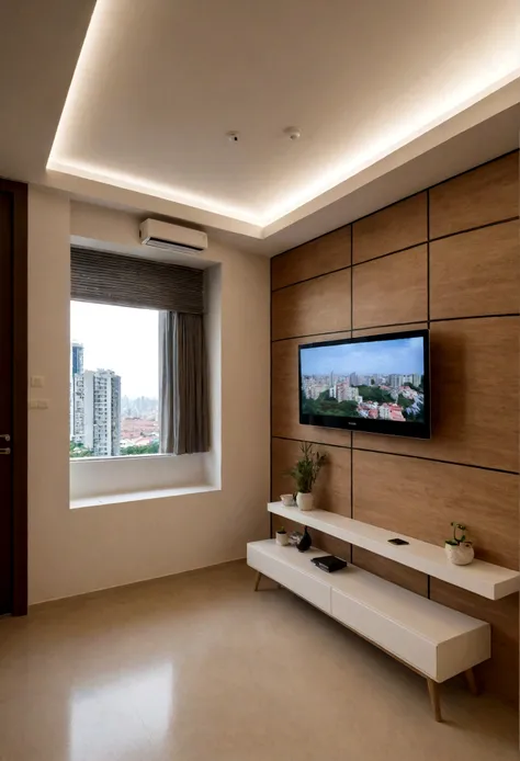 A view from inside a modern apartment, mas frio e impessoal. No canto do teto, uma surveillance camera monitora todos os movimentos. The wall has a digital screen showing residents&#39; personal information, like schedules, activities and compliance levels...