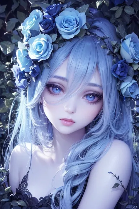 A girl, beautiful detailed eyes, beautiful detailed lips, extremely detailed eyes and face, long eyelashes, in a dark forest, surrounded by blue roses with thorns, (best quality,4k,8k,highres,masterpiece:1.2),ultra-detailed,(realistic,photorealistic,photo-...