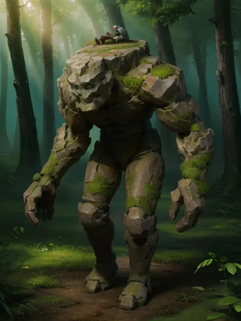 fantasy, full body illustration of a small non-human stone golem walking in the forest, stone body, stone face, stone hands, sto...