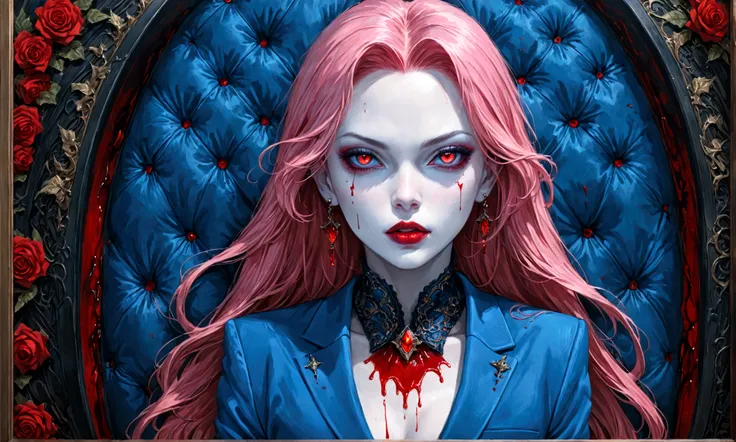 Arafed, dark fantasy art, glamour shot, award winning, a portrait of a single female vampire, pink hair, long hair, red lips, glowing eyes, dynamic color, she wears, an elegant (blue suit: 1.5), blood dripping from lips, 6k, ultra detailed, masterpiece, be...