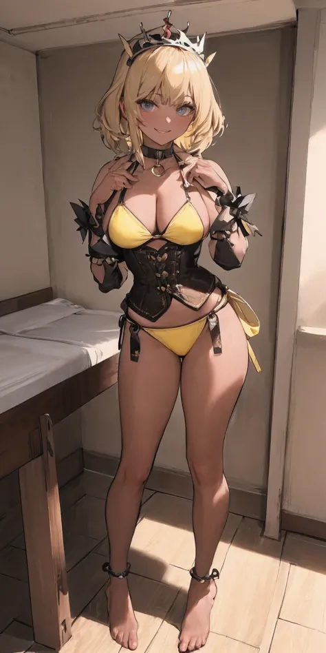 ((Masterpiece, plain background:1,2, masterpiece)) full body photo standing yellow bikini, barefoot, barehands, cleavage, leather corset, bracers, tiara, leather collar choker neck bell, shackles wristbands, short blonde messy hair, (((in the motel room)))...