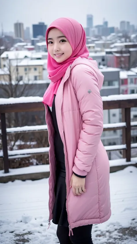 japanese muslim girl, pasmina hijab, perfect body figure, thick winter jacket with hood, pink jacket, snowy city landscape