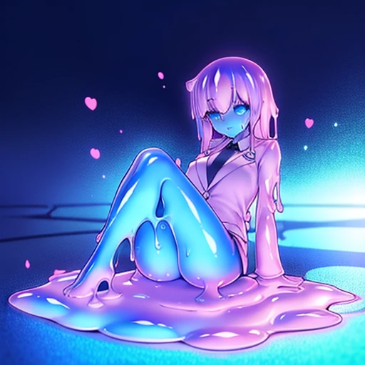 Slime girl, man, {office background}, {{tie, shirt, business suit}}, (melting legs:1.4), {{yellow hair, pink skin}}, happy, blue eyes, medium hair, {slime translucent skin},