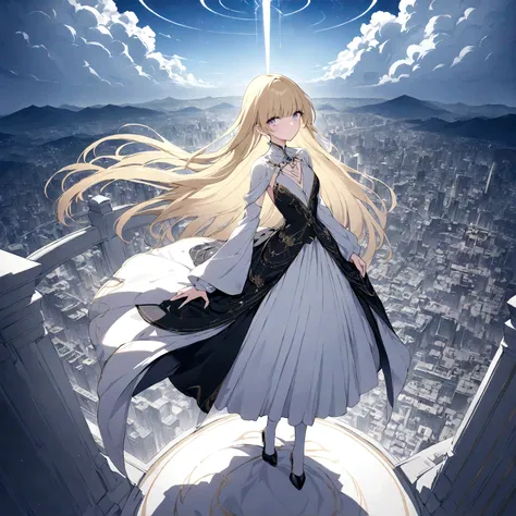 (masterpiece, 32k, 8k, maximum graphics, detailed image, vivid and detailed eyes) sorceress, 19 years old, beautiful face, scenery floating over a city, blonde hair illuminated by the sky, gray and shiny eyes, wearing a hand seal satoru gojo