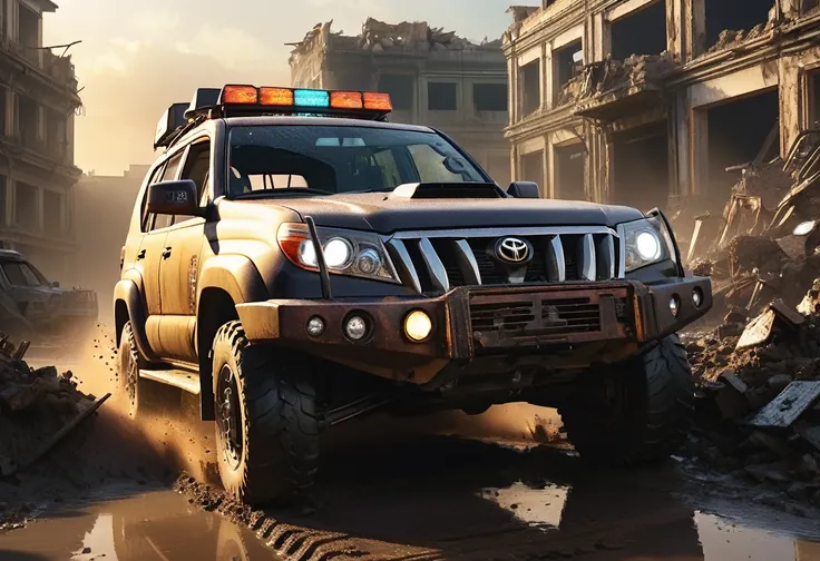 futuristic sci-fi toyota cruiser prado in the ruins of a dystopian, post-apocalyptic city, highly detailed and realistic, cinematic lighting with dramatic chiaroscuro, ray traced, vibrant colors, shattered glass, decaying buildings, futuristic technology, ...