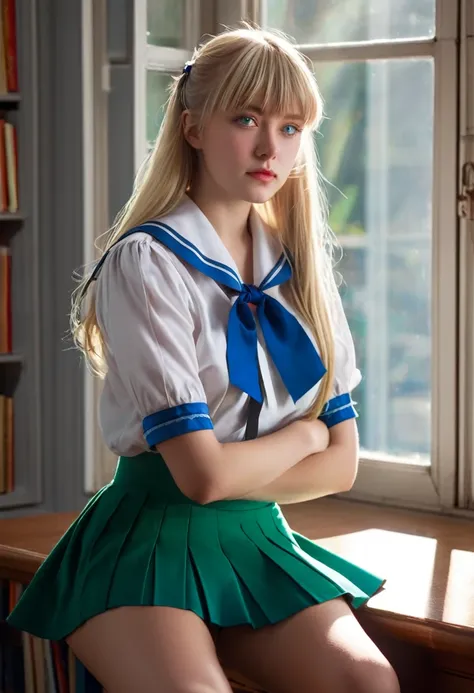 ((masterpiece,best quality, high resolution)), 1girl, solo, green eyes, blonde long hair tied with blue ribbon, blunt bangs, sitting, folded arms on the table, sleep on the folded arms, , white serafuku, red sailor collar, short sleeves, white pleated skir...