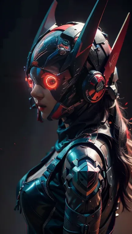 obra maestra, mejor calidad, a closeup of a futuristic looking cyborg girl with a fantastic cyber helmet head with red triangula...