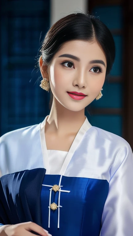 Aarav woman in blue dress, white blouse and blue tunic., Sukhothai set, Tailoring a suit according to tradition, traditional outfit, traditional beauty, traditional clothing, In Lammanh style, Niwan Chandra, traditional clothing, traditional clothing, Sout...