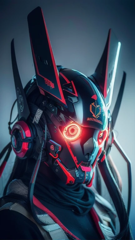 obra maestra, mejor calidad, a closeup of a futuristic looking cyborg girl with a fantastic cyber helmet head with red triangular LED lights and a halo, vestido con una chaqueta Techwear negra, cuerpo entero fondo blanco