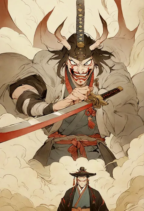 Samurai, mit einer ONI-Maske, He holds the sword on his right arm, high res, masterpiece, illustration, chinsese traditional style