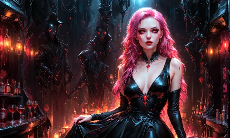 Arafed, dark fantasy art, glamour shot, award winning shot, photorealistic, a portrait of a female vampire, pink hair, long hair, red lips, glowing eyes, dynamic color, she wears, an elegant (black dress: 1.5), blood dripping from lips, cyberpunk bar backg...