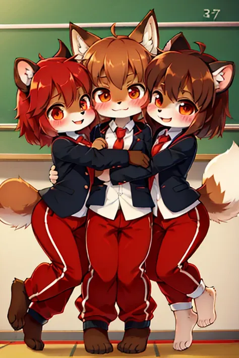 3girls, wolf and fox and tanuki, furry, bodyfur, tail, blazer, red jersey pants, long pants, glove, barefoot, chibi, sparkling e...