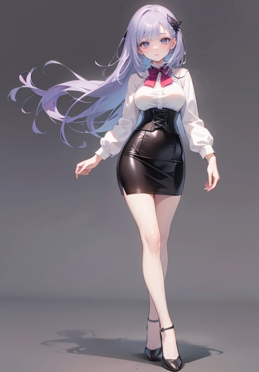 Purple Hair,long hair,1 female,White shirt,(corset),(((Tight Skirt))),High heels,,((Simple background)),((Full Body)),((look at viewer)),((from front))