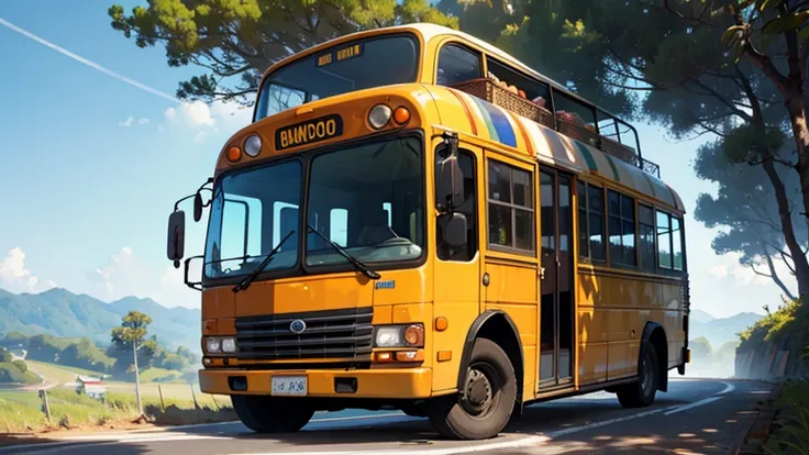 there is a school bus with children on it, fundo da montanha, posto de gasolina ao lado da estrada.