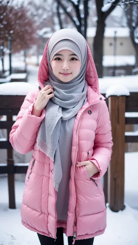 japanese muslim girl, pasmina hijab, perfect body figure, thick winter jacket with hood, pink jacket, snowy city landscape