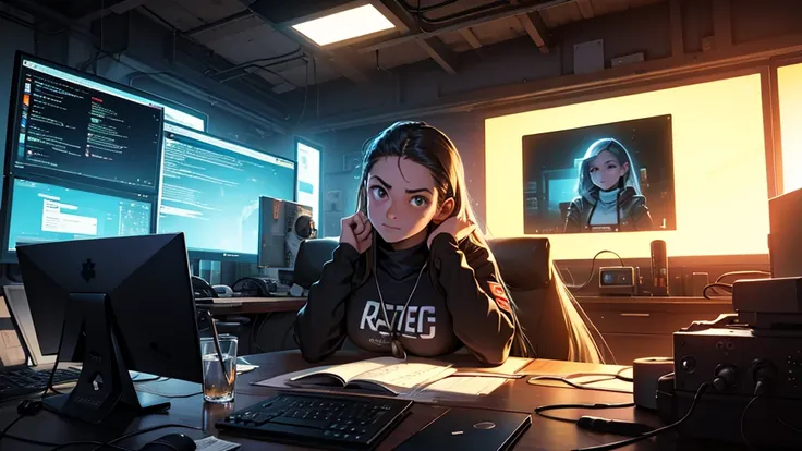 Uma garota de 16 anos, hacker and rebel technology expert who fights against oppressive systems and for freedom of information. She is in her cozy and relaxing room