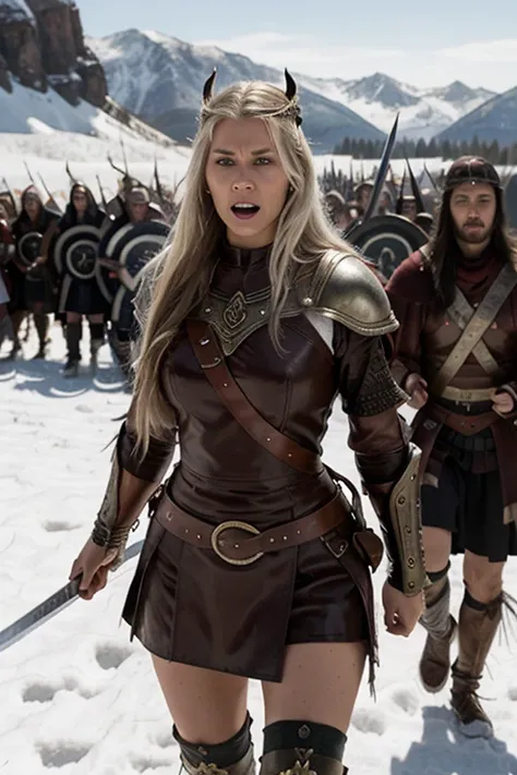 female viking warrior, slim fine face, white hair, delicate celtic ornamental jewelry, historically adequate leather armor with sparse celtic ornamentic applications, dynamic full body action shot, mountainous winter scenery, charging towards camera wieldi...