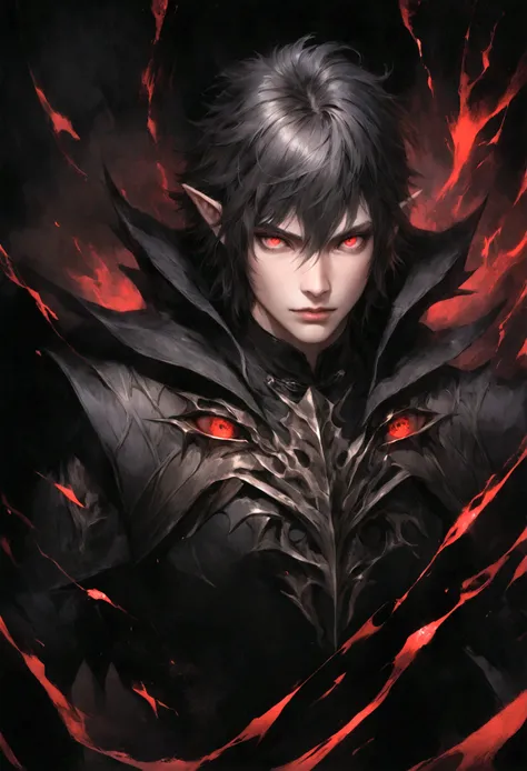 anime boy, dark elf, red eyes, black short hair, black fantasy outfit, dark background, full body, perfect face, bad boy, full quality graphics, realistic eyes