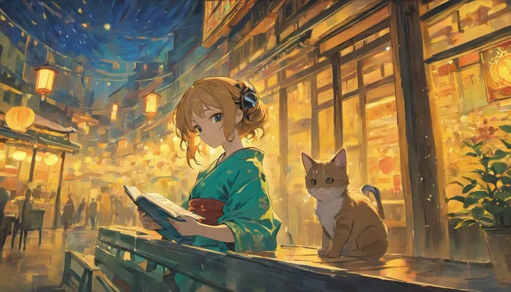 A cat reading a book with headphones on, Van Gogh Style, oil,Kyoto,kimono