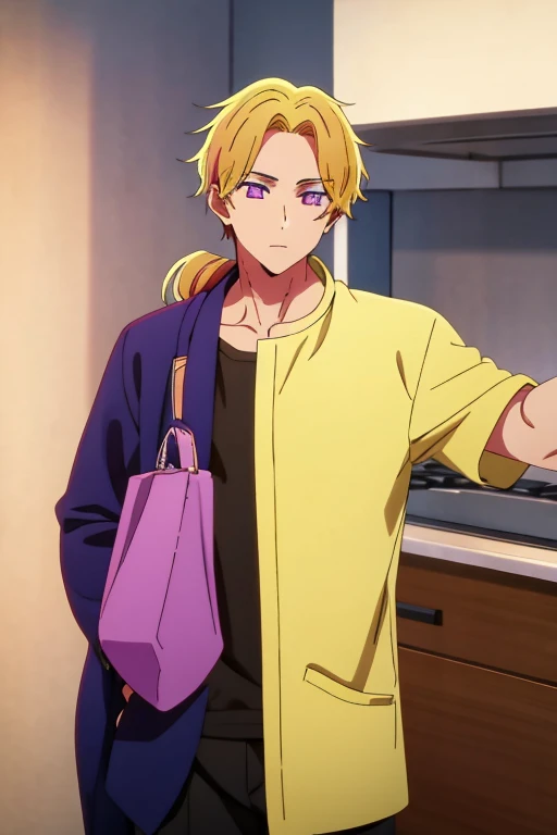 A handsome young male student man bun yellow hair and purple locks with purple eyes, tall and muscular
