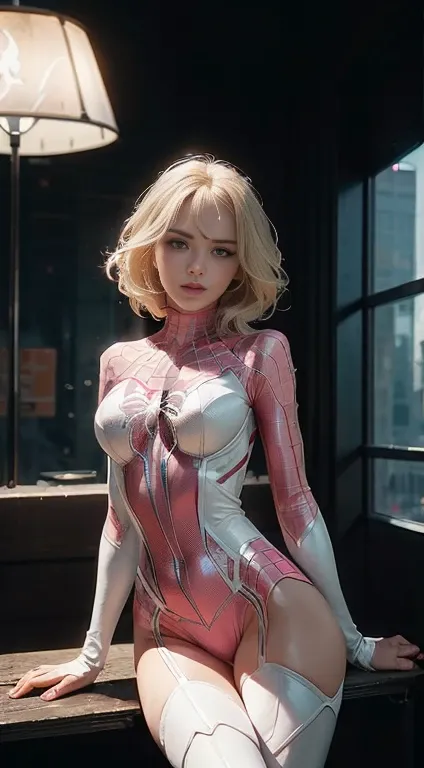 A blonde haired woman in a pink and white outfit sitting on a ledge, ( ( Spider-Woman ) ), Cyber Suit, Gwen Stacy, Inspired by Yanjun Chen, Yanjun Chent, Lostrun 8k, Realistic cosplay, Spider - Gwen, Spider-Gwen, Spider-Gwen, Cyber Suit, Futuristic style s...