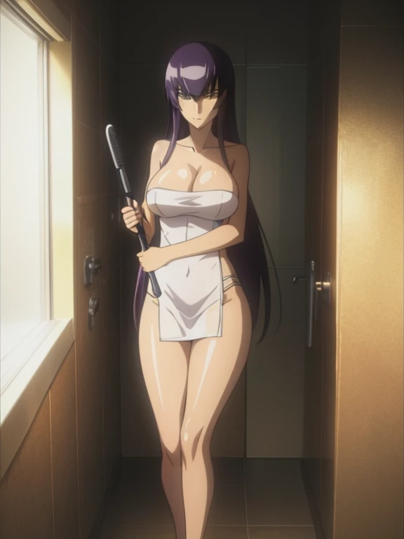 best quality, masterpiece, full body, busujima saeko, curls, towel, bathroom, shower,highschoolofthedead, serious, big breasts, CENSOR TOWEL, sfw