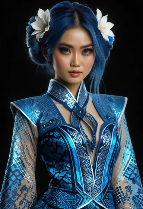 (high quality), (masterpiece), (detailed), 8K, Hyper-realistic digital illustration depicts the (upper body1.3) of a (Japanese woman1.3) with (vibrant blue hair1.5) and (intense blue eyes1.5) wearing a (futuristic kebaya1.2) with (intricate batik patterns1...