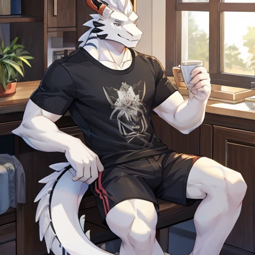 A white dragon (with black stripes all over him) in a T-shirt and shorts