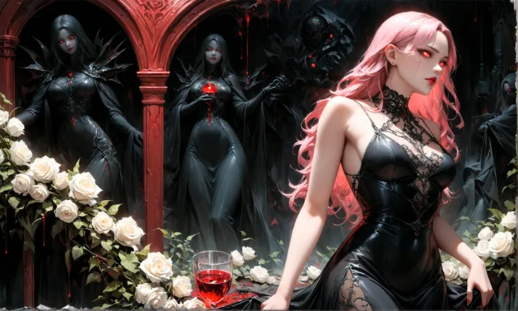 Arafed, dark fantasy art, glamour shot, award winning shot, photorealistic, a portrait of a female vampire drinking a glass of blood,, pink hair, long hair, red lips, glowing eyes, there is an imprint of white rose, dynamic color, she wears, an elegant (bl...