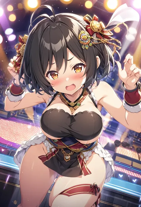 yamadahana, antenna hair ,black hair, short hair, brown eyes, hair ornament,, large breasts,, Live Stage, solo nsfw