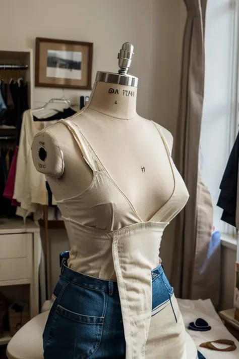 Various fabrics and sewing material with a sewing mannequin with a garment in the initial process of making 