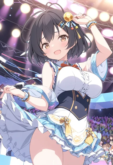 yamadahana, antenna hair ,black hair, short hair, brown eyes, hair ornament,, large breasts,, Live Stage, solo 