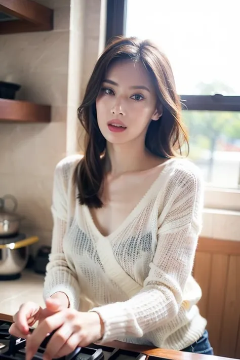 ((highest quality)), ((masterpiece)), (detailed), ultra-realistic,photograph,one mature woman,black knitted sweater, the chest i...