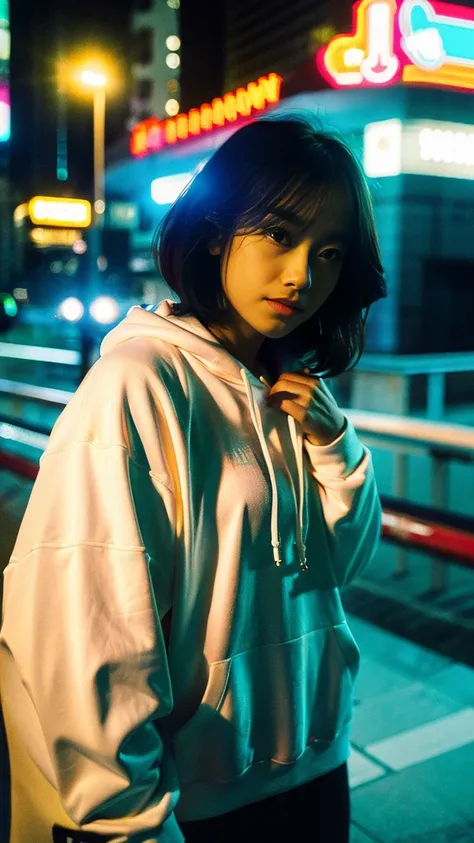 Masterpiece, (best quality:1.4), ultra high res, master photography, professional color grading, depth of fields, rule of third, 50mm, film grain, (photorealistic:1.4), cinematic lighting, chromatic abberation, 1girl, short hair, wearing grey hoodie, stree...