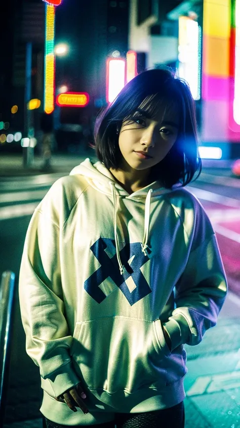 Masterpiece, (best quality:1.4), ultra high res, master photography, professional color grading, depth of fields, rule of third, 50mm, film grain, (photorealistic:1.4), cinematic lighting, chromatic abberation, 1girl, short hair, wearing grey hoodie, stree...