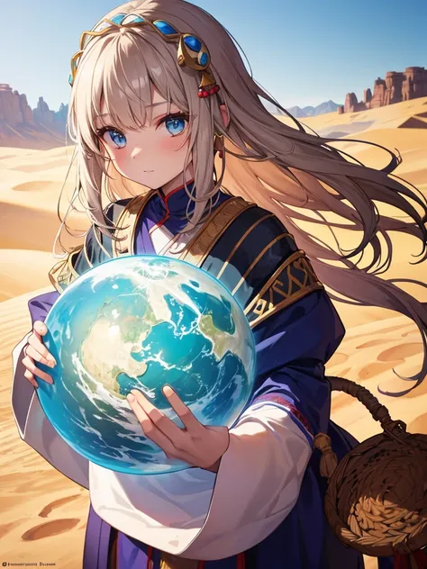 Alafi woman in traditional dress holding a small drum in the desert, Young woman in shaman costume, Girl with a sphere, movie「Silk road」Scenery of, Beautiful youth, Portrait Shot, Ancient Princess Reeve, The desert&#39;s vanishing line is below a woman&#39...