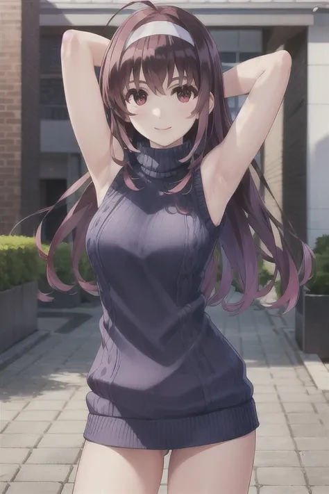 masterpiece,best quality,highres,ultra-detailed,sakura megumi,ahoge,long hair,hairclip,(sweater:1.2),(turtleneck:1.2),street,smile,standing,(sleeveless:1.4),arm_behind_head,arms_up,cowboy shot,no pants,