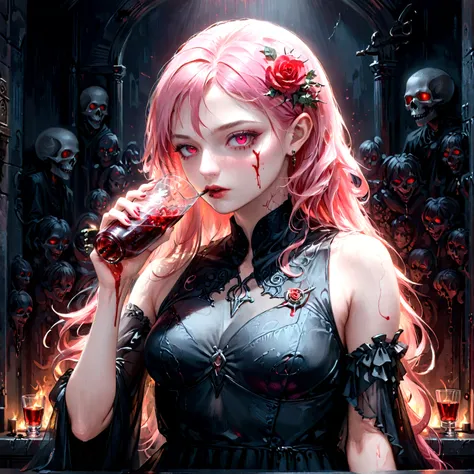 Arafed, dark fantasy art, glamour shot, award winning shot, photorealistic, a portrait of a female vampire drinking a glass of blood,, pink hair, long hair, red lips, glowing eyes, there is an imprint of white rose, dynamic color, she wears, an elegant (bl...