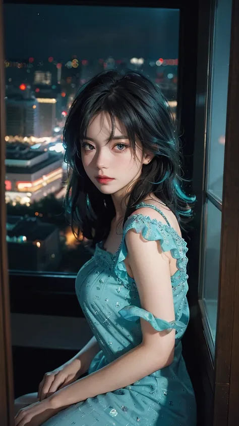 ((High quality, 8k, perfect quality, realistic)), beautiful, perfect face, gazing out the window, nighttime, ((dark room)), Before sleeping, restless, short nightgown, staring at the window, city night view, hair color black and cyan, night city, ((lights ...