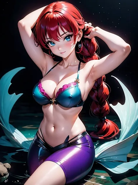 garota anime ruiva, mermaid mermaid girl with fish tail and purple bra, 16 anos, corpo bonito, seios grandes, with hands behind ...