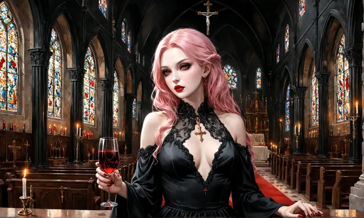 Arafed, dark fantasy art, glamour shot, award winning shot, photorealistic, a portrait of a female vampire drinking a glass of blood,, pink hair, long hair, red lips, glowing eyes, there is an imprint of white rose, dynamic color, she wears, an elegant (bl...