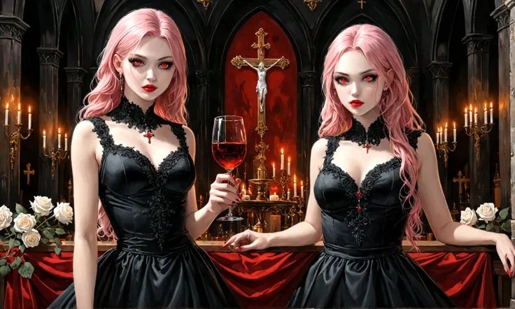 Arafed, dark fantasy art, glamour shot, award winning shot, photorealistic, a portrait of a female vampire drinking a glass of blood,, pink hair, long hair, red lips, glowing eyes, there is an imprint of white rose, dynamic color, she wears, an elegant (bl...